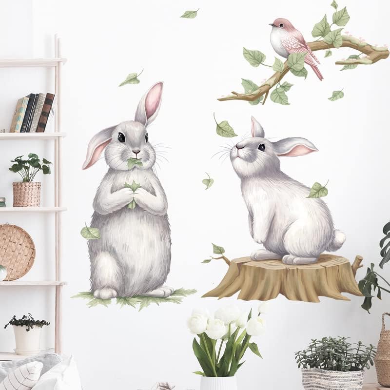 2 Aranyos Rabbit Fali Matricák Madár Az Ágak Matricák Cserélhető Rajzfilm Állat Nyuszis Háttérkép Dekoráció DIY Művészeti Falfestményt a Gyerekszobába
