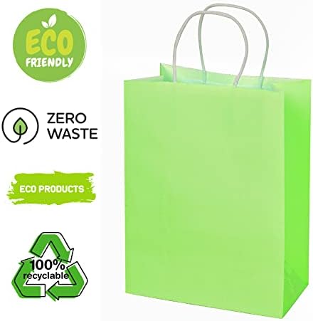 ECOptimize Kraft Papír Táskák Kezeli, 30 DB 8x4.3x10.5 a Fény Zöld - Környezetbarát, Compostable & Újrahasznosítható Ajándék Táskák