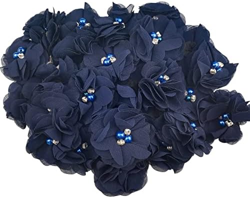 30 DB Strasszos Pearl Sötét Kék Chiffon Virág Varrás Szövet Appliqués Ruházat, Fejpánt Virág, Kézműves, Party Dekoráció, Varrás Applied