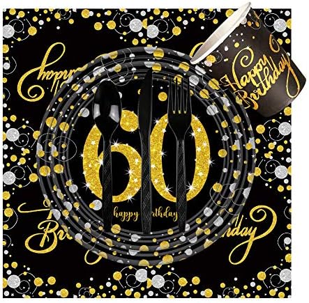 Rainmae 60 Születésnapi Party Kellékek Edények Beállítás arra Szolgál, 16 Vendég-Tányérok, Poharak, Szalvéta, Kés, Kanál, Villa,
