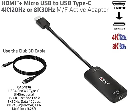 Club3D CAC-1336 HDMI™+ Micro USB-USB C-Típusú 4K120Hz vagy 8K30Hz M/F Aktív Adapter