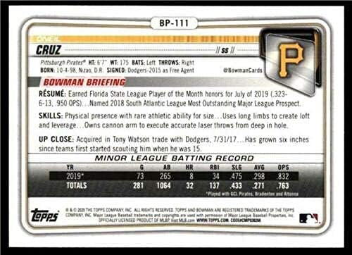2020 Bowman Kilátások BP-111 Oneil Cruz Pittsburgh Pirates MLB Baseball Kártya NM-MT