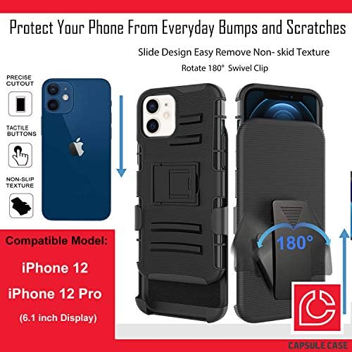 Ohiya Esetben Kompatibilis az iPhone 12 [Katonai szintű Védelem, Ütésálló, nagy teherbírású Állvány Védő Tok Fekete burkolata] iPhone
