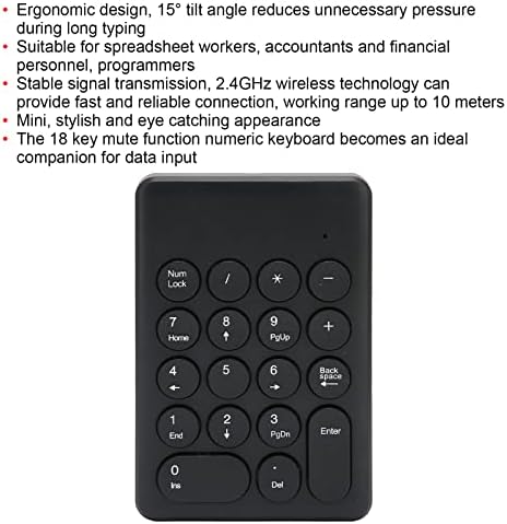 FASJ Mini Szám pad, Ergonomikus Szám pad Design, 2,4 GHz-es Vezeték nélküli Technológia, 18 Kulcsok, Fekete