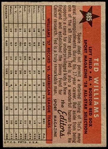 1958 Topps 485 All-Star Ted Williams, a Boston Red Sox (Baseball Kártya) VG/EX Red Sox